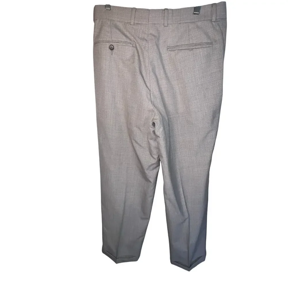 Alan Flusser men 32 micro houndstooth pleated wool linen cuffed dress pants flaw